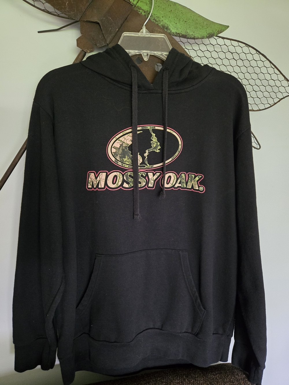 Mossy Oak Black Hoodie with Camo Logo and Pink Outline